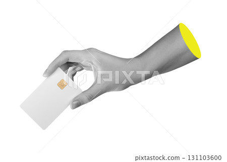 Female hand holding empty credit card mockup with chip, clean design for payment, banking and Female hand holding empty credit card mockup with chip, clean design for payment, banking and 131103600