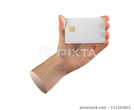 Female hand holding empty credit card mockup with chip, clean design for banking, payment and 131103601