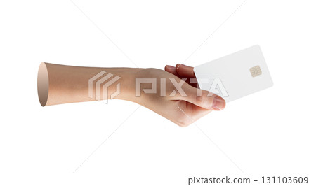 Woman holding blank credit card with chip in secure grip, symbolizing payment, banking, commerce and Woman holding blank credit card with chip in secure grip, symbolizing payment, banking, commerce and 131103609