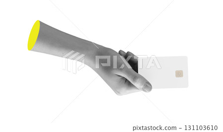 Female hand showing blank credit card with chip in secure hold, representing payment, banking, 131103610