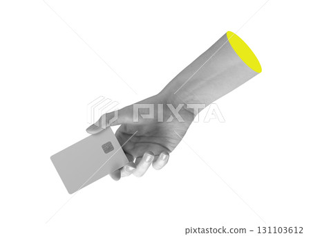 Woman s hand holding blank credit card with chip in secure position, reflecting banking, finance, 131103612