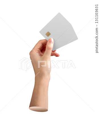 Female hand holding blank credit card with clean plastic surface for payment and financial use. 131103631