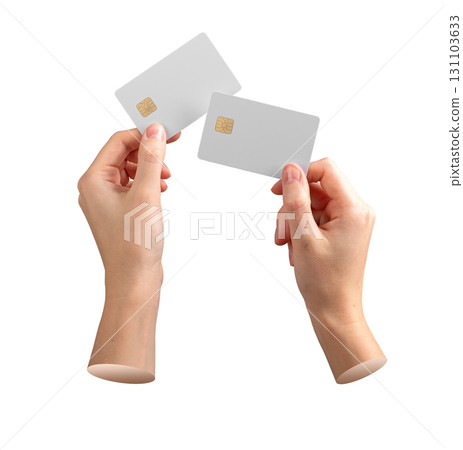 Credit card in female hand with blank plastic design for business, commerce, and payment concept. Credit card in female hand with blank plastic design for business, commerce, and payment concept. 131103633