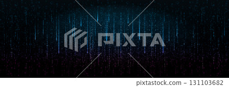 Glowing Binary Code Rain In Blue And Purple Gradient On Dark Background. Tech Matrix Style Design For Cyber, Data, And Digital Futuristic Concepts. Vector Illustration Glowing Binary Code Rain In Blue And Purple Gradient On Dark Background. Tech Matrix Style Design For Cyber, Data, And Digital Futuristic Concepts. Vector Illustration 131103682