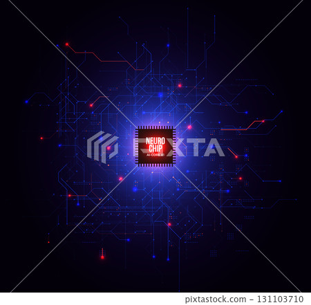 Digital circuit microchip CPU GPU semiconductor background, red blue glow cyber technology BG. Data internet communication, machine learning, neuro tech, smart machine learning. Vector backdrop 131103710