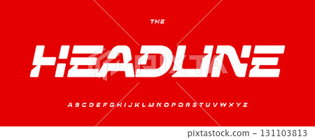 Futuristic bold italic alphabet, sharp geometric cut font, aggressive cyberpunk type with racing energy. Modern sport typography for powerful automotive logo, electric speed headline. Vector typeset 131103813