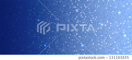 Pixel grid glowing particles shimmer digital blue white gradient background. Futuristic cyber pattern for tech UI, data network, AI, technology innovation project design. Vector Illustration. 131103835