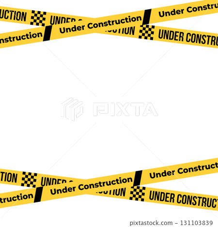 Under construction sign with yellow warning tape safety stripe. Caution barrier stripe for safety zone, blocked area, website page, road work, site maintenance, redesign progress. Vector illustration. 131103839
