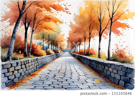 秋天的林蔭路水彩畫 131103846