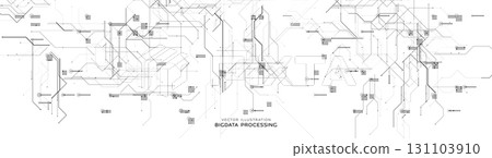 Monochrome digital circuit chip background, processor network. AI neural system lines texture. Cyber data flow tech pattern. Artificial intelligence technology backdrop. Vector illustration 131103910