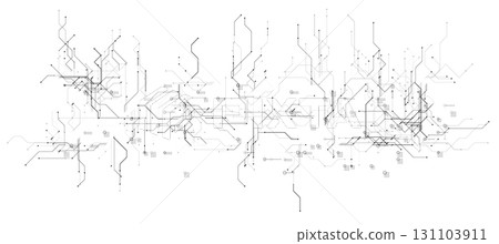 Black and white digital circuit chip background, processor network. AI neural system texture. Cyber data flow tech pattern. Artificial intelligence technology backdrop. Vector illustration Black and white digital circuit chip background, processor network. AI neural system texture. Cyber data flow tech pattern. Artificial intelligence technology backdrop. Vector illustration 131103911