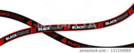 Curved black ribbon with bold Black Friday text and alert symbols used for urgent promotional sales messaging. Curved black ribbon with bold Black Friday text and alert symbols used for urgent promotional sales messaging. 131104068