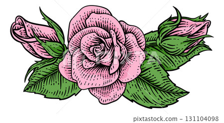 Rose Flower Woodcut Engraved Etching Illustration 131104098