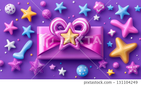 Playful 3D illustration of a pink gift box with star-shaped ornaments and colorful stars scattered around on a purple background 131104249