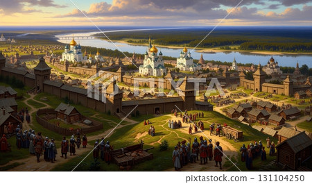 A historical scene depicts a medieval town protected by wooden walls and showcasing prominent churches, capturing the essence of a bygone era's architecture and community A historical scene depicts a medieval town protected by wooden walls and showcasing prominent churches, capturing the essence of a bygone era's architecture and community 131104250