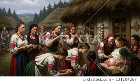 Rural village scene: women in folk dress assist with a home birth, using garlic against evil. Illustrates tradition and community during childbirth 131104267