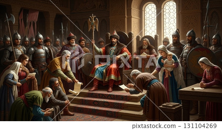 This scene depicts a sovereign holding court, addressing subjects and officials petitioning him, a display of leadership and power, showcasing historical governance This scene depicts a sovereign holding court, addressing subjects and officials petitioning him, a display of leadership and power, showcasing historical governance 131104269