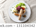 Grilled sausages and garnish 131104342