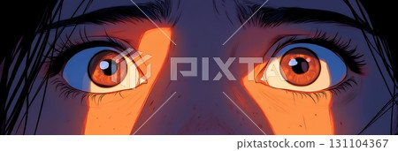 Wide-eyed young woman stares in fear, illuminated by an intense orange light 131104367