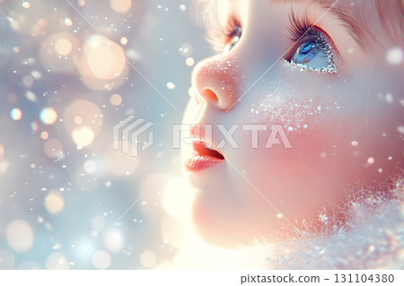 A cute toddler girl's face is dusted with sparkling snow, gazing up in wonder at a winter wonderland 131104380
