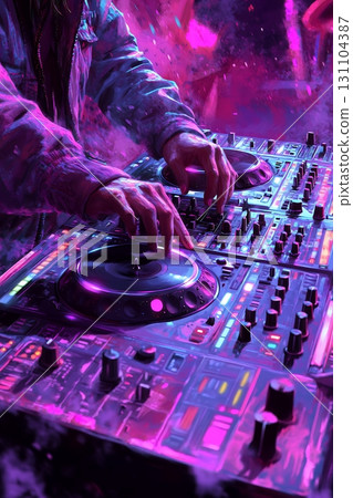 A DJ passionately mixes music on a vibrant, futuristic-style mixing console at a neon-lit party 131104387