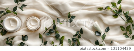 Luxurious face cream jars nestled amidst lush green leaves on a creamy fabric background, ideal for skincare or beauty product advertising 131104429