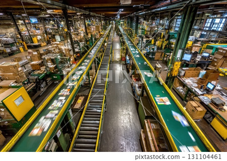 High angle capturing the organized chaos of a large distribution center, featuring conveyor belts moving packages and creating a sense of production and order 131104461