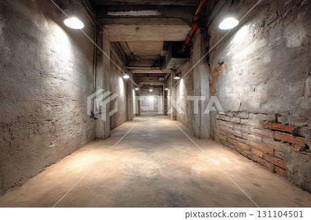 An eerie hallway with brick walls and dim lighting gives the impression of being in an underground passage, or perhaps in a run-down dungeon An eerie hallway with brick walls and dim lighting gives the impression of being in an underground passage, or perhaps in a run-down dungeon 131104501