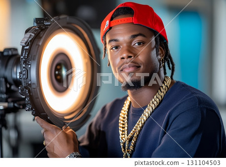 A young Black man, wearing a red cap and gold chain, confidently poses near professional film lighting equipment 131104503