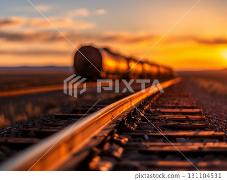 A freight train speeds along railway tracks at sunset, creating a dynamic, blurred motion effect 131104531
