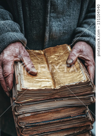 Elderly person's weathered hands carefully hold a very old, gold-leafed book, a testament to age and wisdom Elderly person's weathered hands carefully hold a very old, gold-leafed book, a testament to age and wisdom 131104540