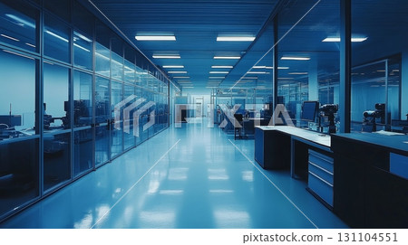 A modern, clean laboratory or research facility with glass partitions and sleek equipment, showcasing a contemporary workspace design A modern, clean laboratory or research facility with glass partitions and sleek equipment, showcasing a contemporary workspace design 131104551