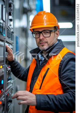 A male engineer in safety gear carefully monitors industrial control panels, ensuring optimal system performance A male engineer in safety gear carefully monitors industrial control panels, ensuring optimal system performance 131104552