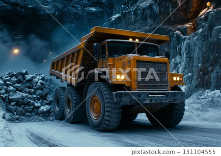 A large yellow dump truck hauls rocks out of a snowy quarry in winter A large yellow dump truck hauls rocks out of a snowy quarry in winter 131104555