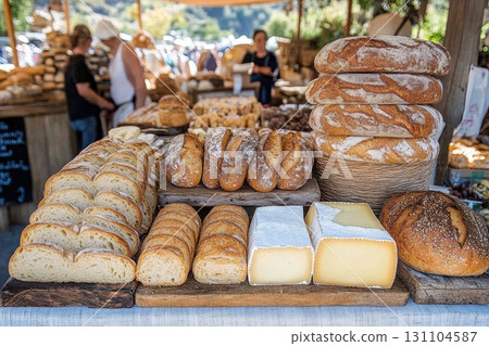 Artisan breads and cheeses are displayed at a farmer's market, showcasing a variety of textures and flavors 131104587