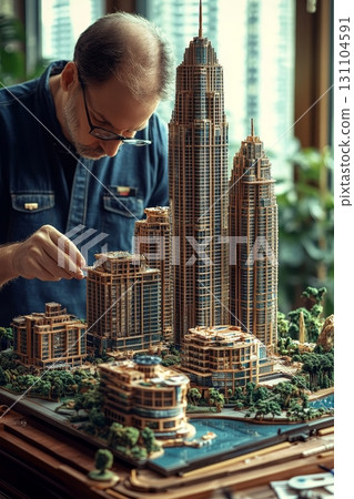 A man meticulously assembles a detailed architectural model of a modern cityscape, showcasing his craftsmanship and attention to detail 131104591