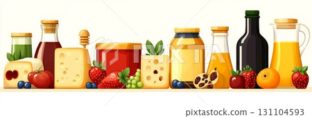 A colorful still life showcasing assorted cheeses, fresh fruit, honey, and various beverages, ideal for a food blog or magazine A colorful still life showcasing assorted cheeses, fresh fruit, honey, and various beverages, ideal for a food blog or magazine 131104593