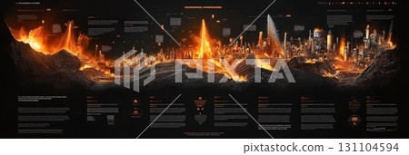 A fiery industrial landscape depicts a catastrophic event, highlighting environmental destruction and industrial disaster 131104594