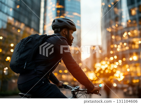 A businessman commutes on a bicycle through a vibrant city at sunset, wearing a helmet and carrying a backpack A businessman commutes on a bicycle through a vibrant city at sunset, wearing a helmet and carrying a backpack 131104606