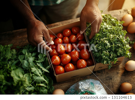 A farmer's hands carefully arrange fresh tomatoes, kale, and greens into cardboard boxes, showcasing a bountiful harvest 131104613