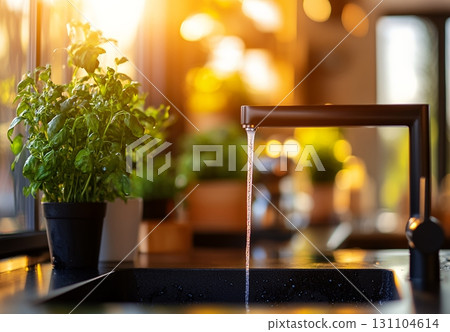Sunlight streams into a modern kitchen, illuminating a sleek faucet with water flowing into a dark sink, next to a basil plant 131104614