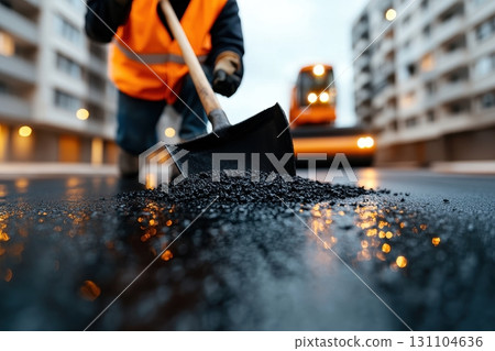 A construction worker uses a shovel to spread fresh asphalt on a newly paved road, a paving machine in the background 131104636
