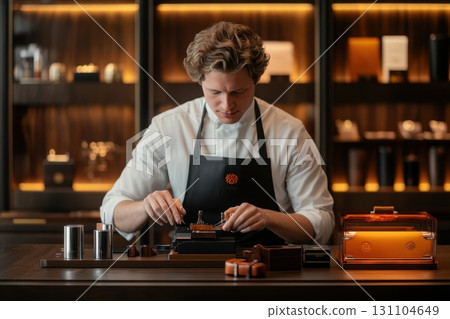 A craftsman meticulously assembles a luxury handcrafted item, showcasing precision and detail in his workshop 131104649