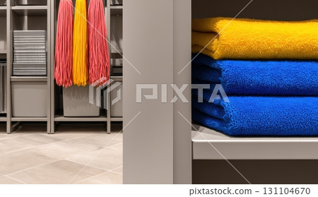 Neatly stacked blue and yellow towels sit on a shelf in a clean storage closet 131104670