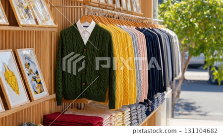 A boutique showcases a stylish collection of men's knitwear, including cardigans and sweaters in various colors, neatly arranged on wooden racks 131104682
