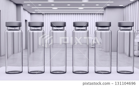 Five clear glass vials with dark grey caps stand in a row in a modern sterile setting, suggesting medical or scientific context 131104696