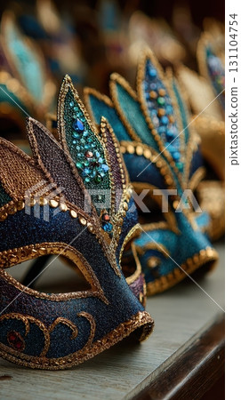 The intricate details of these Venetian masks showcase their beauty with ornate embellishments and colors, a hallmark of carnival celebrations 131104754