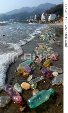 Discarded plastic bottles pollute a beach's shoreline, a stark reminder of waste contaminating the environment, with the ocean carrying trash onto the sand 131104757