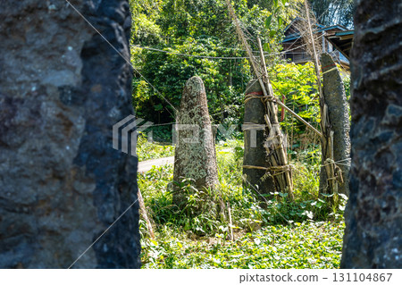 Funerary monoliths standing in Toraja, Sulawesi, Indonesia Funerary monoliths standing in Toraja, Sulawesi, Indonesia 131104867
