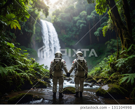 Astronauts together in forest near waterfall under glowing lights Astronauts together in forest near waterfall under glowing lights 131104998